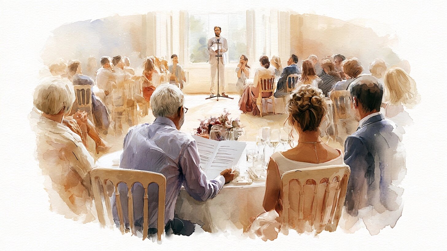 An older man at a reception table reads a printed copy of the speech while a guest speaks at the microphone