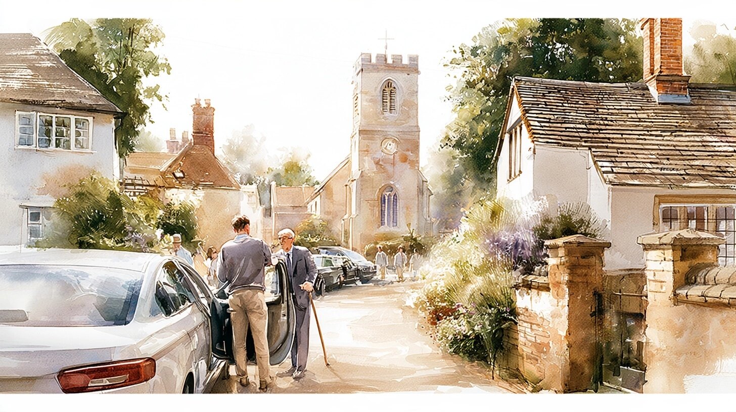 An older man in a suit with a walking stick is helped into a car outside a village church