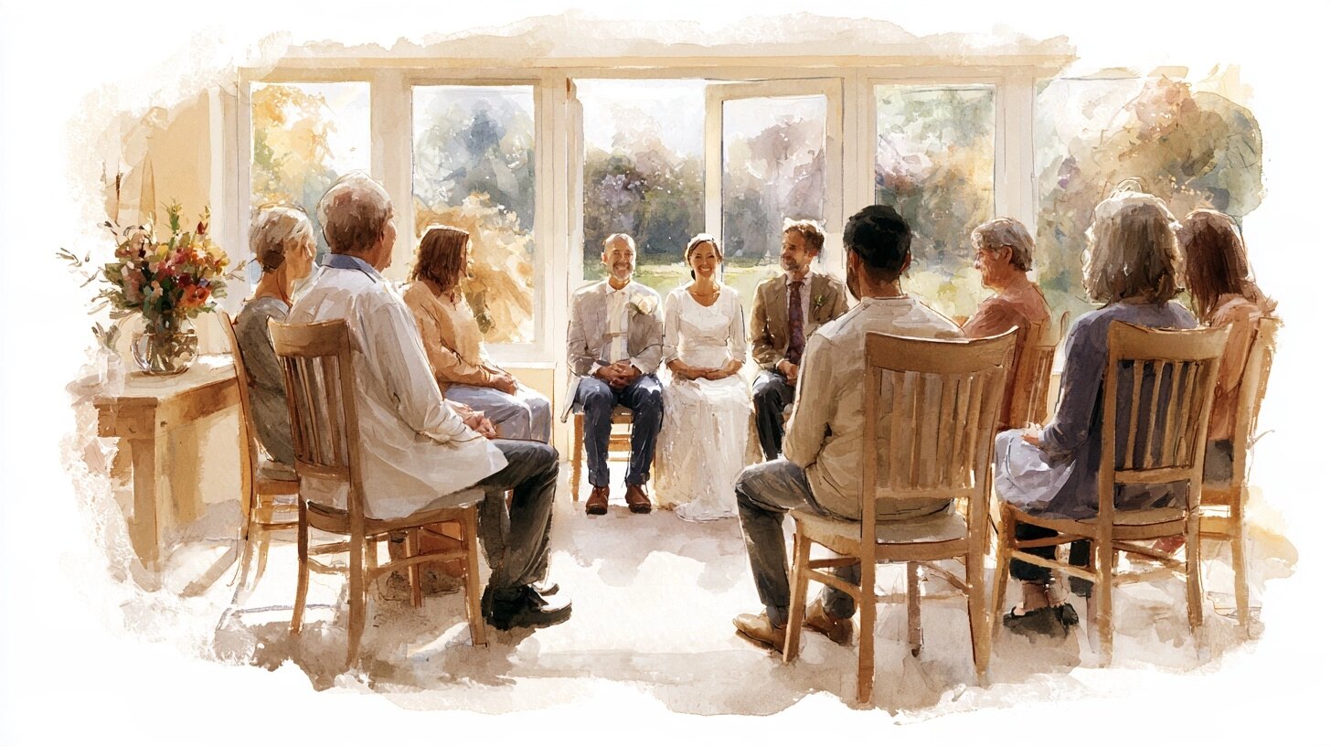 A small wedding ceremony in a hospice garden room, a registrar and family gathered round the couple