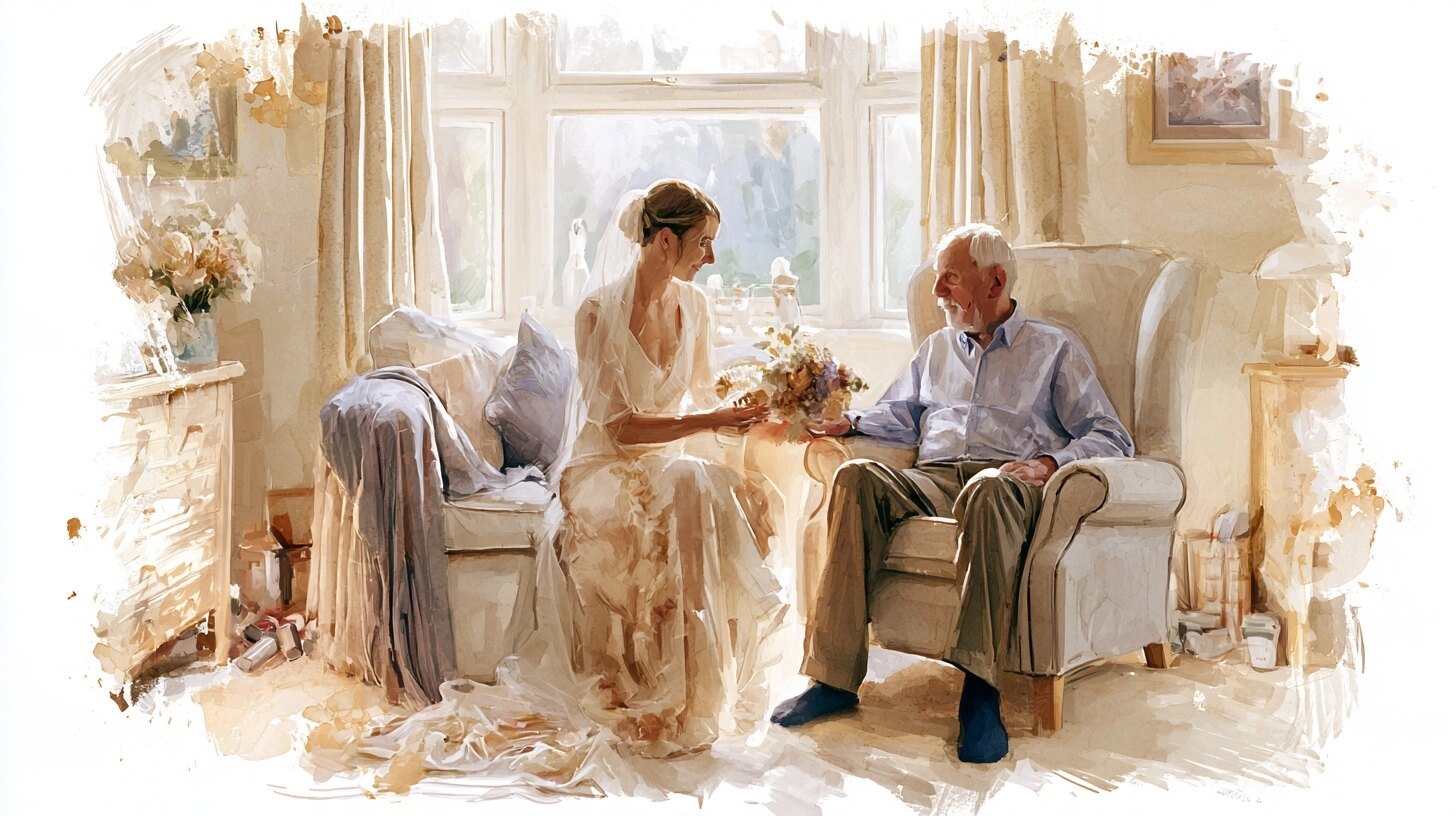 A bride shows her grandfather her bouquet as he sits in his armchair before the ceremony
