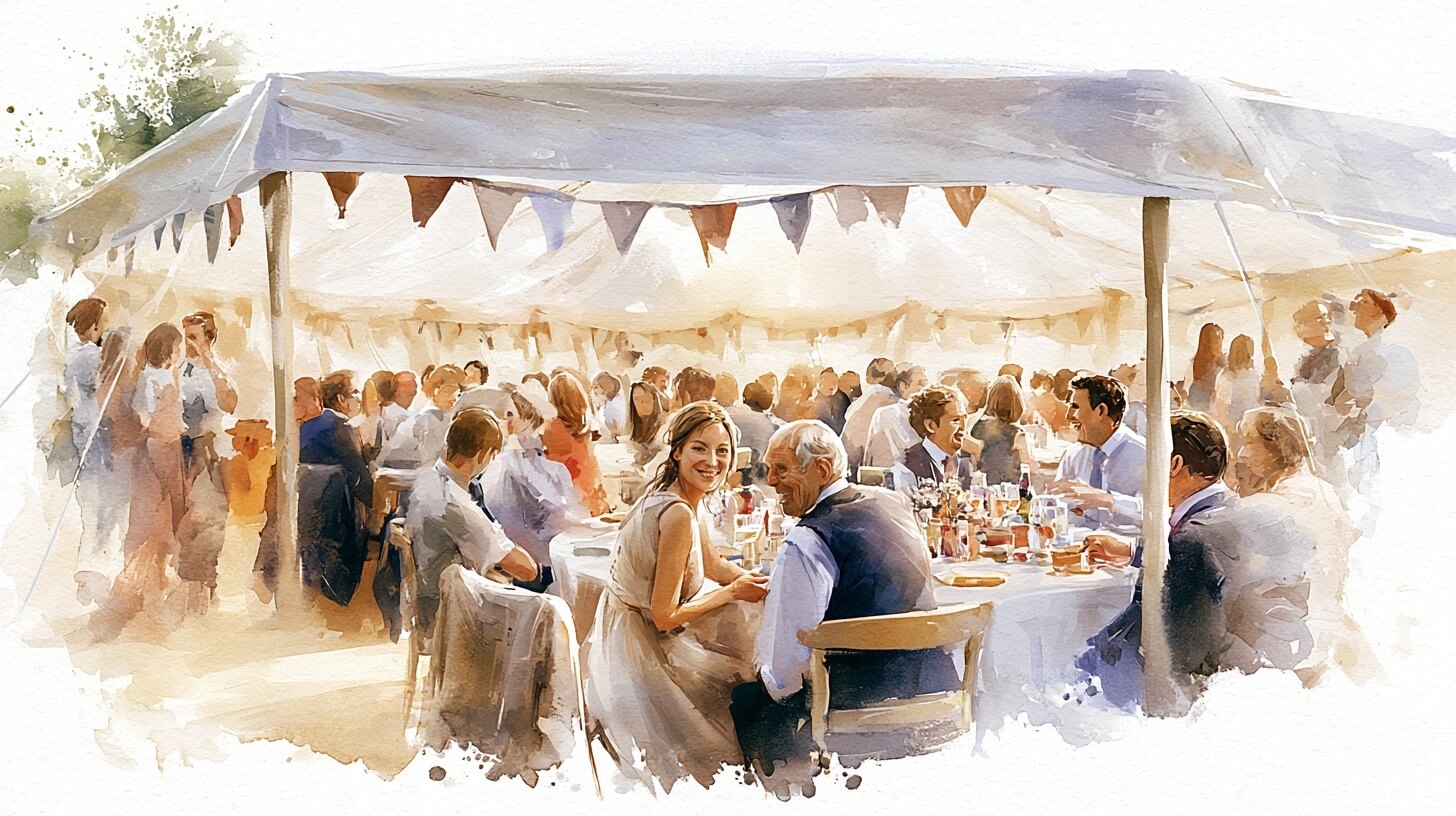A woman in a wedding guest dress sits beside her elderly father at a reception table in a marquee