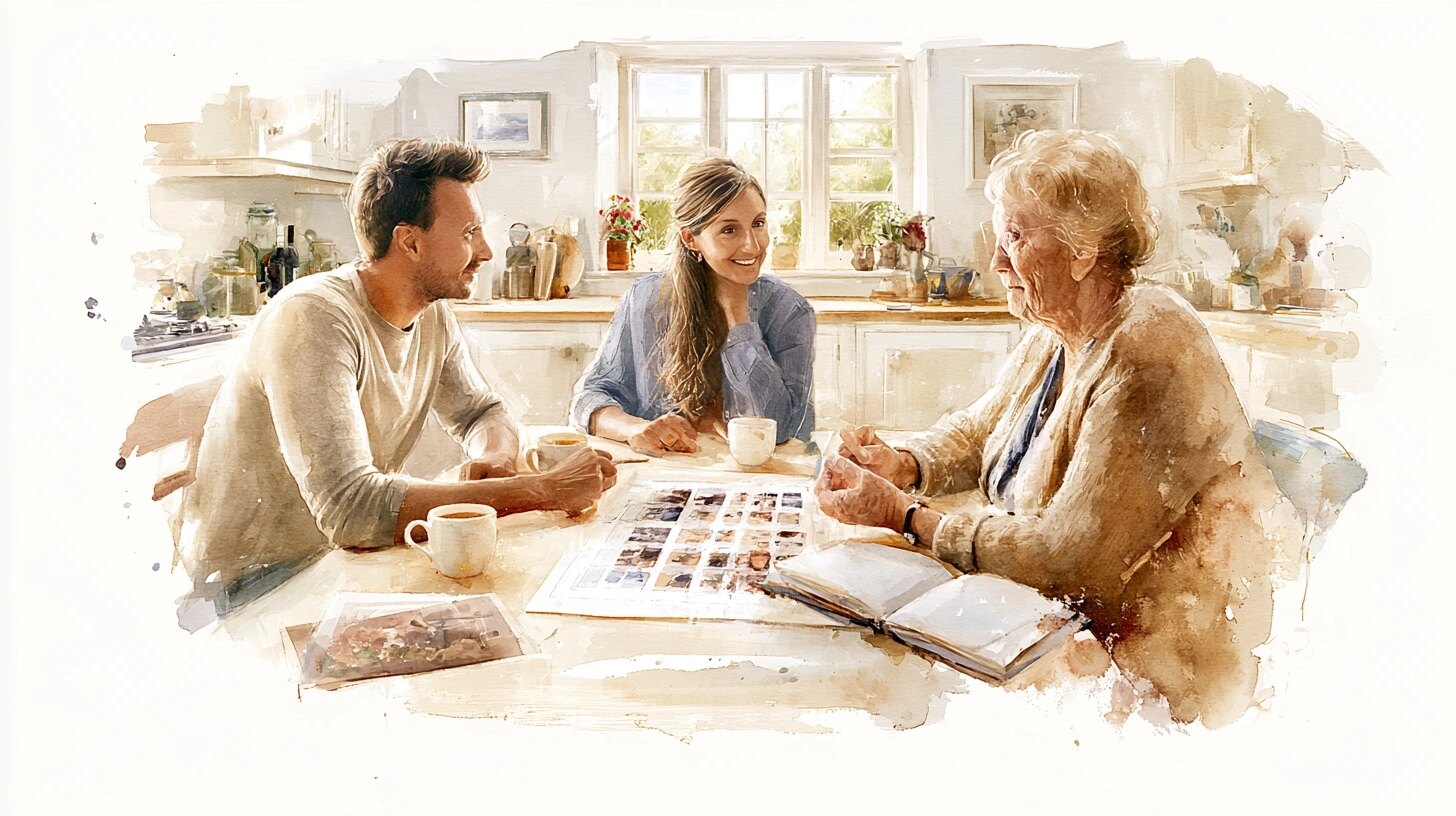 A young couple and an older woman at a kitchen table with a wedding seating plan and cups of tea