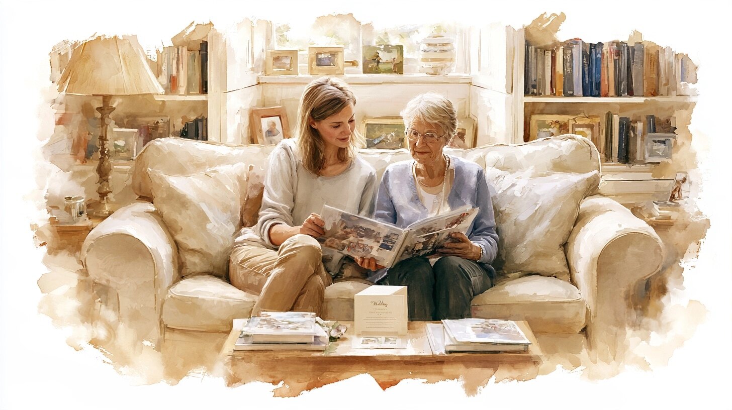 A daughter and her elderly mother look through a photo album on the sofa, a wedding invitation on the table