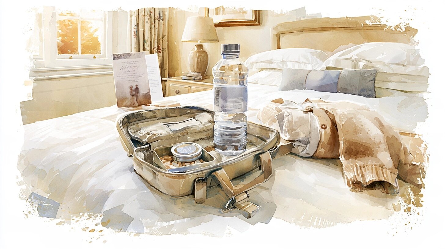 A handbag open on a hotel bed with a pill box, a water bottle and a spare cardigan