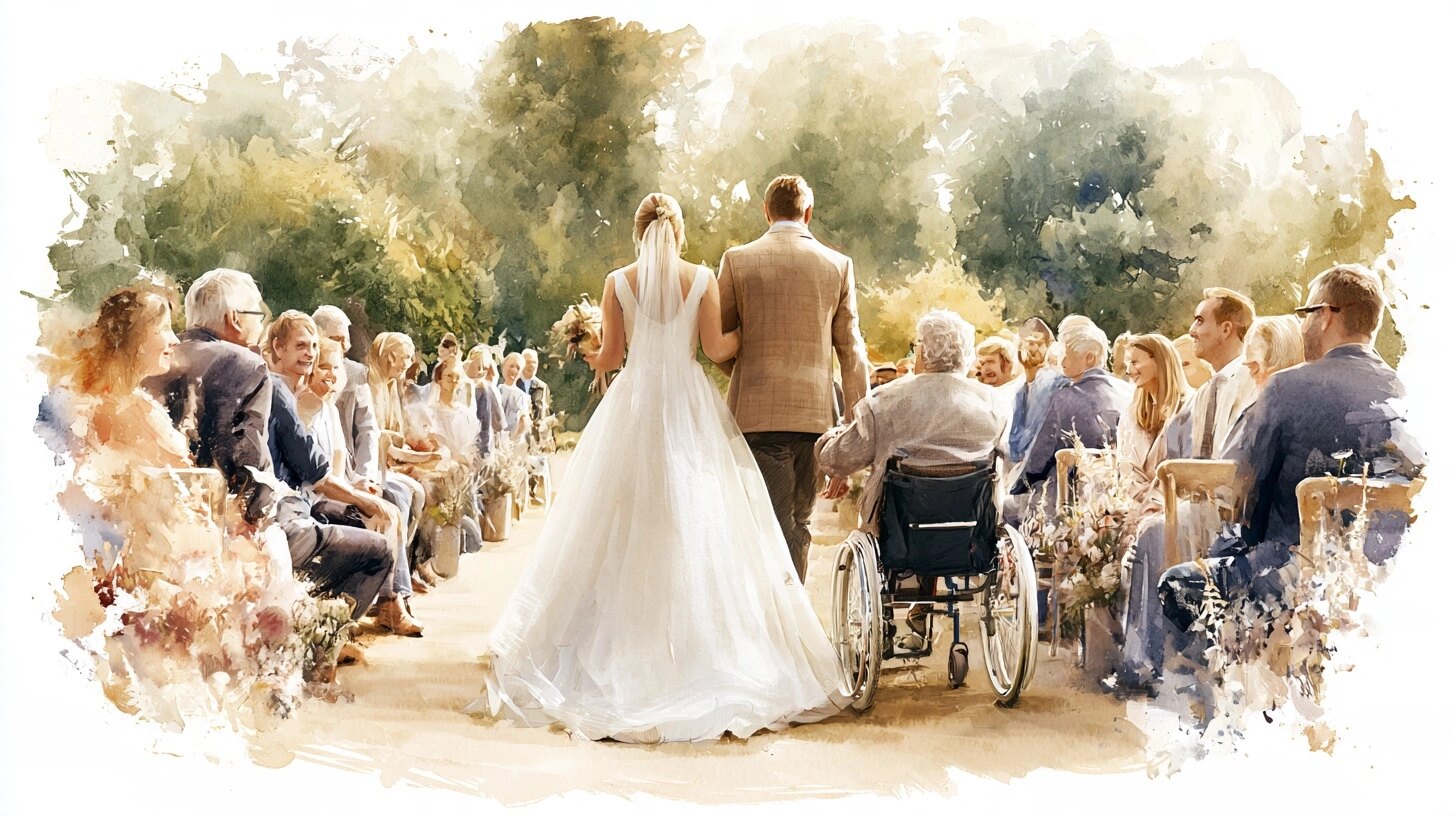 A bride walks down an outdoor aisle beside her father in his wheelchair
