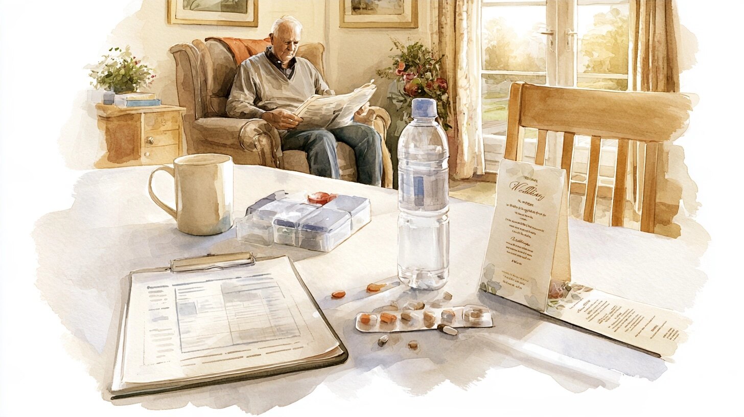 A care plan on a clipboard beside a pill organiser and an order of service