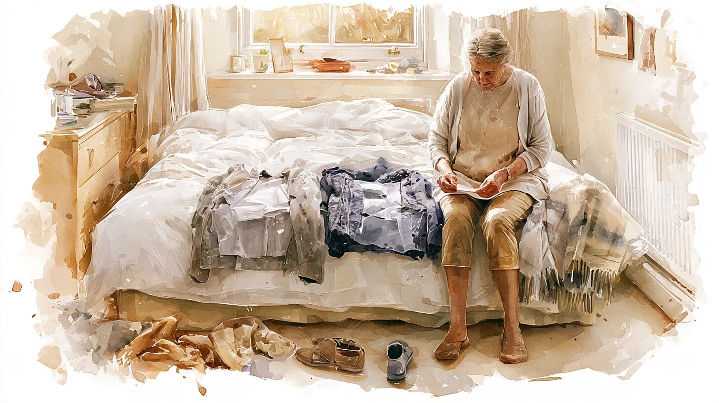 An older woman sits on her bed choosing between two jackets, a shawl and flat shoes beside her