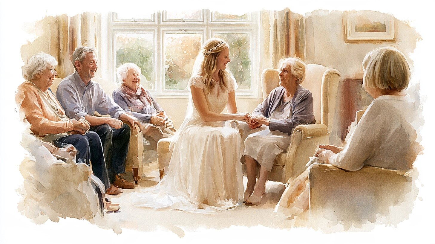 A bride in her dress visits her grandmother in a care home lounge, holding her hands