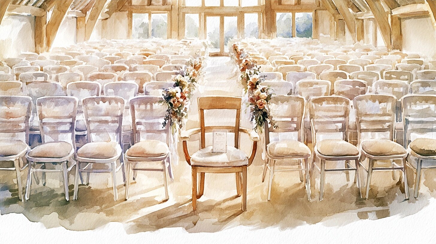 The front row of a barn wedding ceremony, a chair with arms on the aisle end reserved with a card