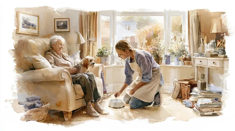 A watercolour of a carer with an older woman and her dog in her living room