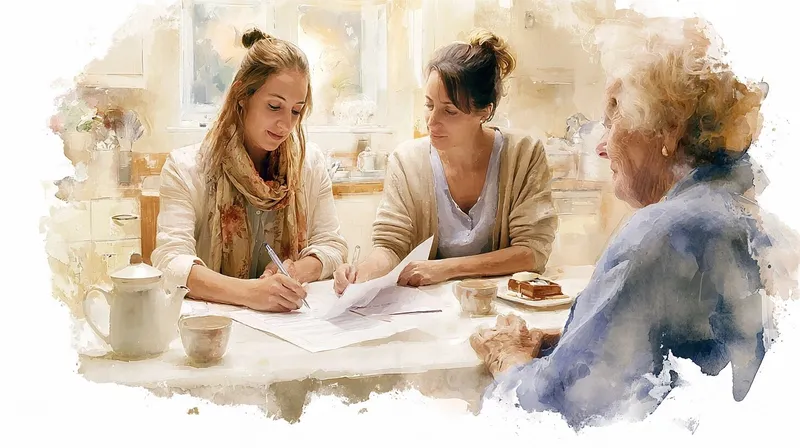 A watercolour of a family and a carer going through an agreement at the kitchen table