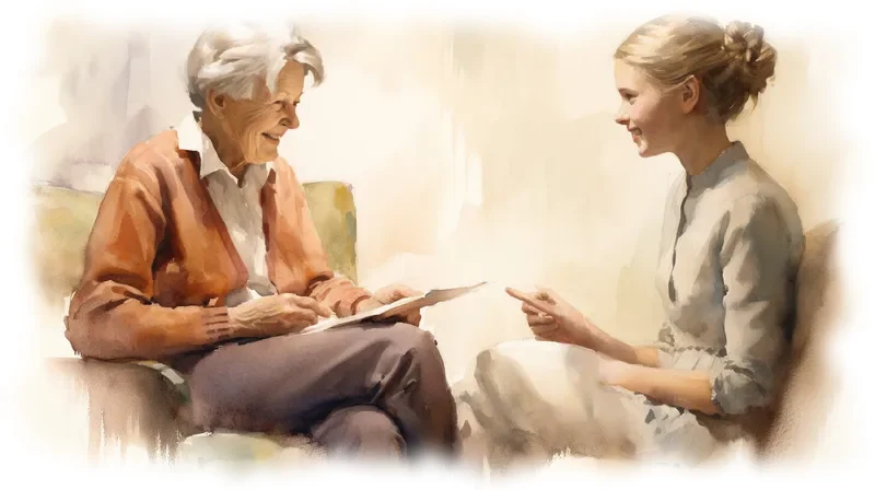 A watercolour of a carer and an older woman talking over a cup of tea