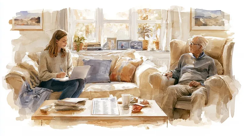 A watercolour of a woman looking at carers on her laptop while her father sits nearby
