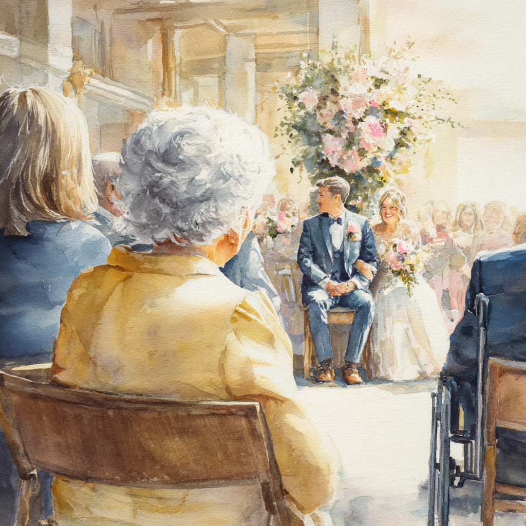 Watercolour illustration of an older guest and a companion sharing a wedding ceremony