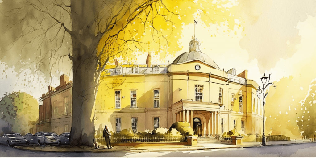 How can care be funded? watercolor of a council building in the UK