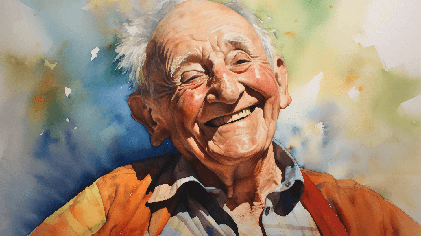 An elderly man laughing broadly with his eyes closed, mid-smile